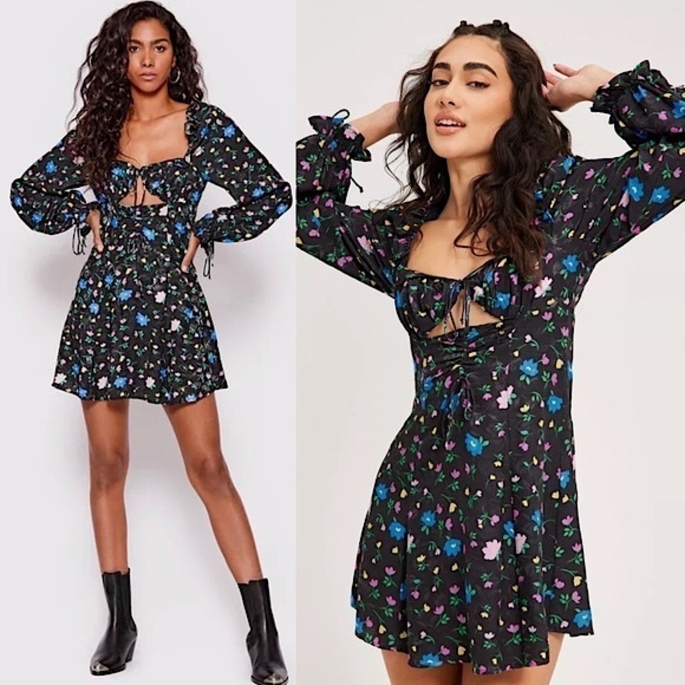 NWT FOR LOVE LEMONS 90s Floral Ruffle Long Sleeve Ruched Cutout Tie Mini Dress S